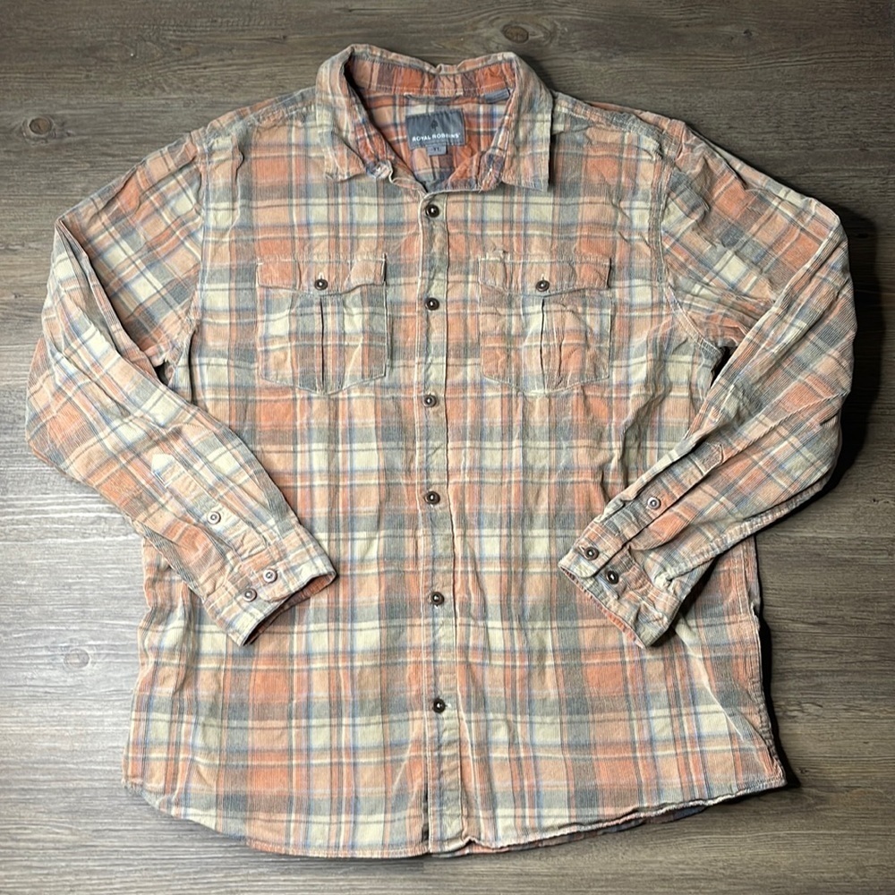 Royal Robbins Women’s Yellow Orange Plaid Corduroy Plaid Button Down Shirt, XL